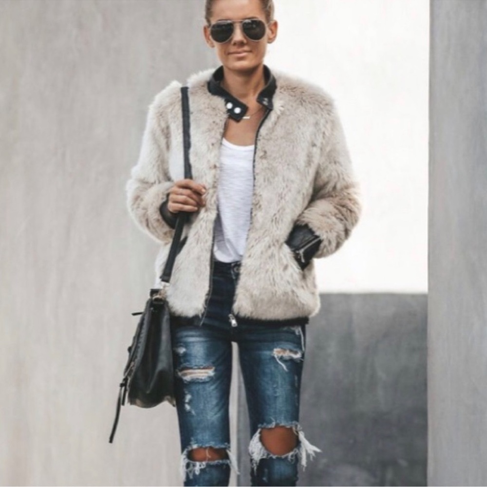 Stylish Tan Faux Fur Jacket with detailing